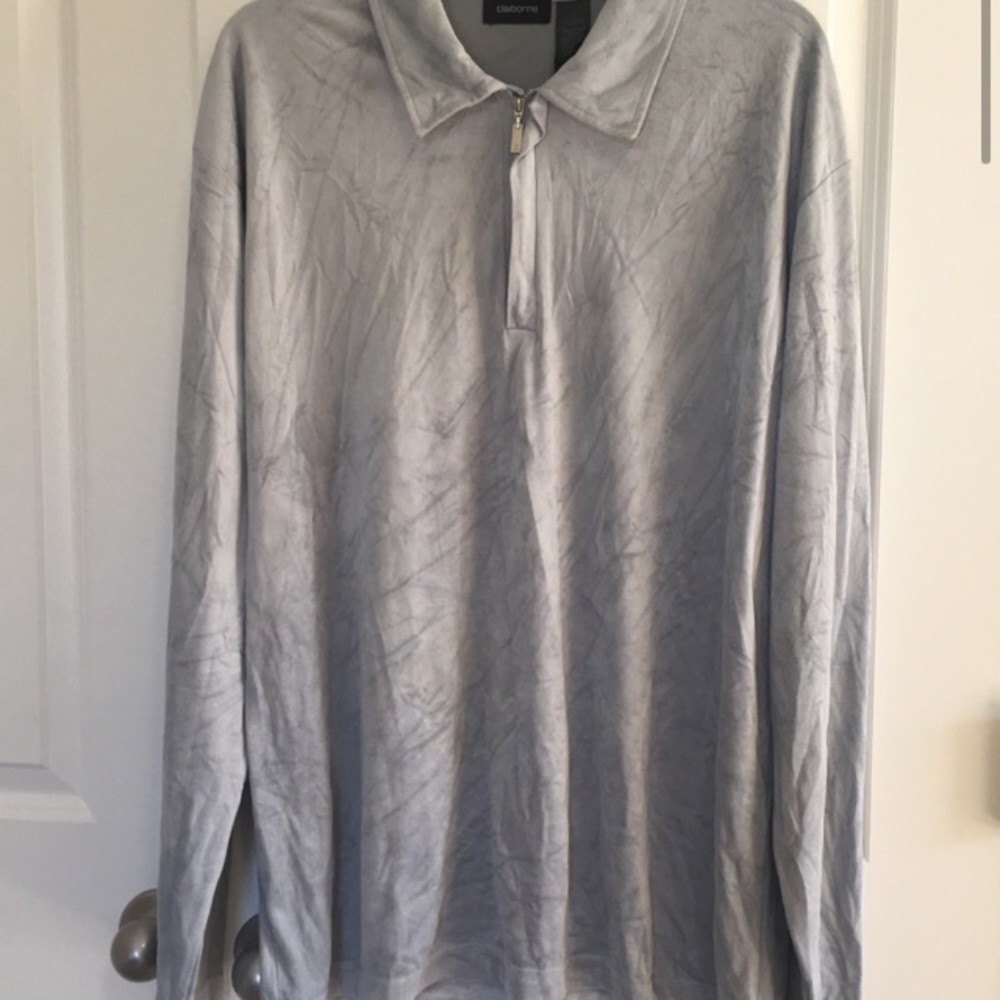 Claiborne men’s silver Gray velvet long sleeve polo Tshirt size large
